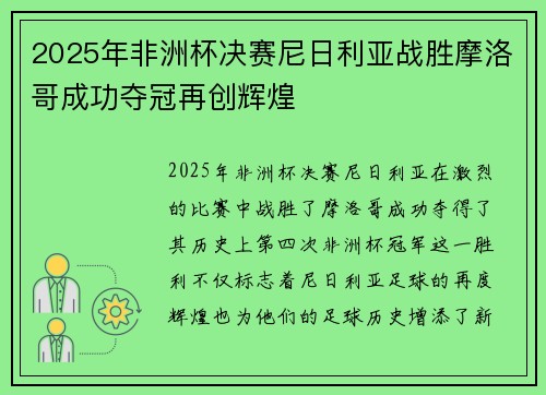 2025年非洲杯决赛尼日利亚战胜摩洛哥成功夺冠再创辉煌
